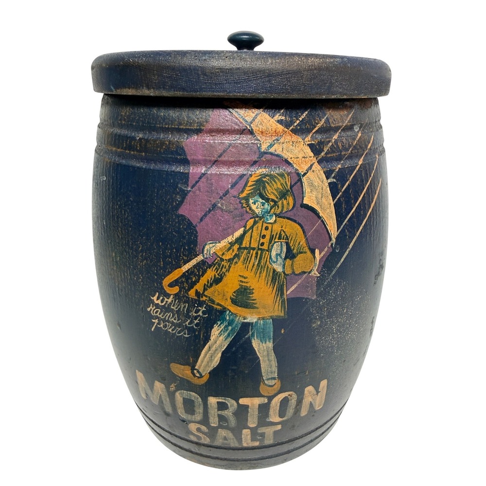 Vintage Morton Salt Wooden Barrel Canister Blue Umbrella Girl Primitive Decor